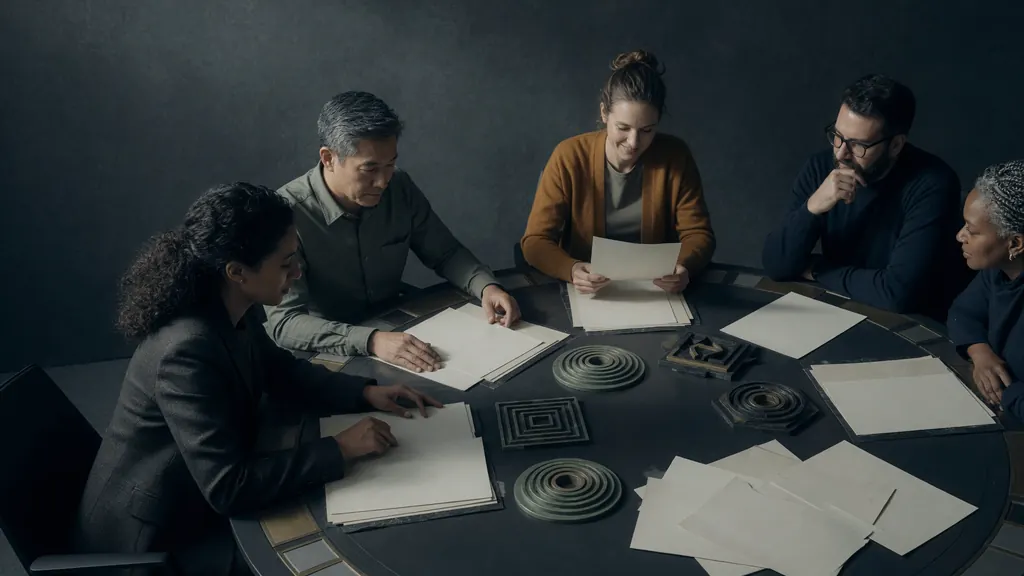 Dark desktop with a small team reviewing neutral documents