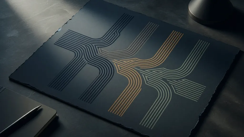 Dark technical desk artwork with neutral paper, lines, and workbench objects